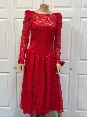 Alfred Angelo Red Lace Long Sleeve Midi Dress